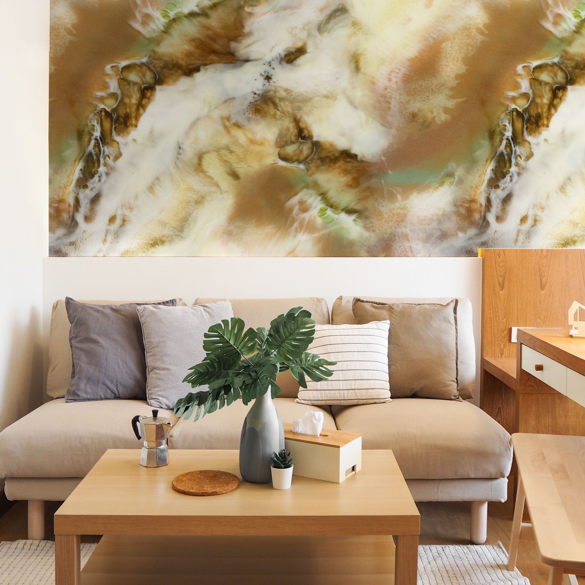 "Tiger's Eye Wallpaper from Wall Blush featured in a modern living room, enhancing wall space and decor."