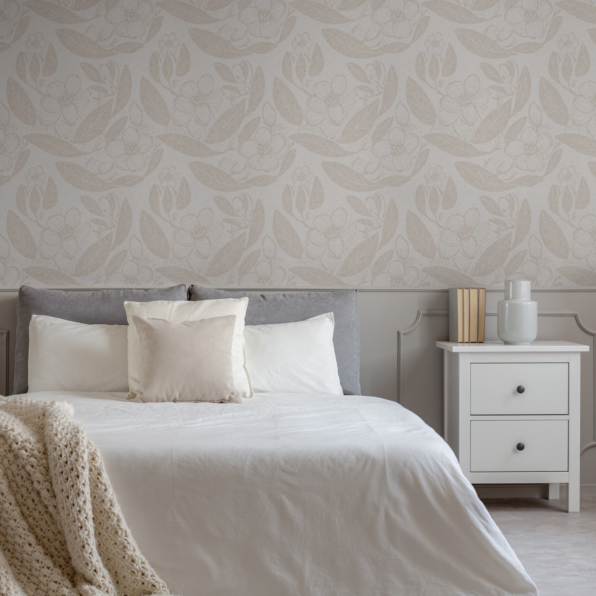 "Dulcia wallpaper by Wall Blush enhancing a cozy bedroom, with focus on elegant floral design."