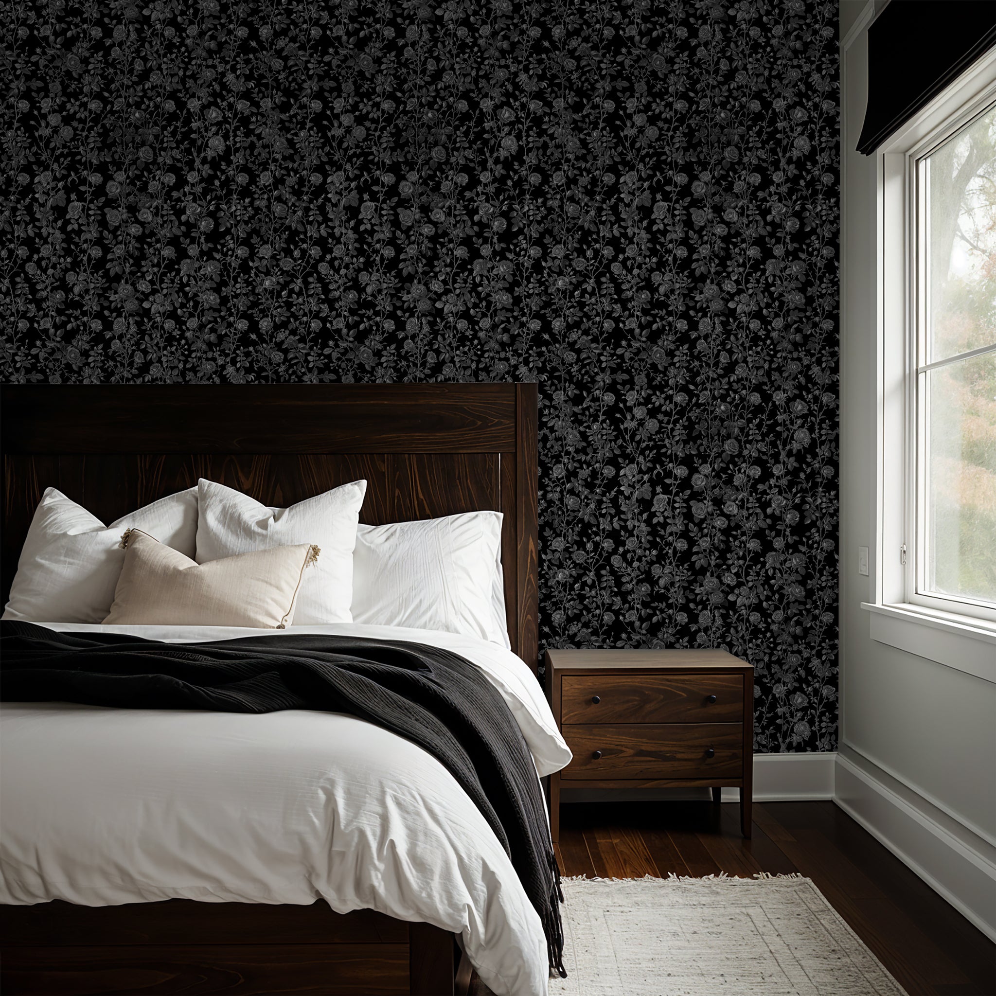 "Bellatrix Wallpaper by Wall Blush enhancing bedroom walls with elegant floral patterns."