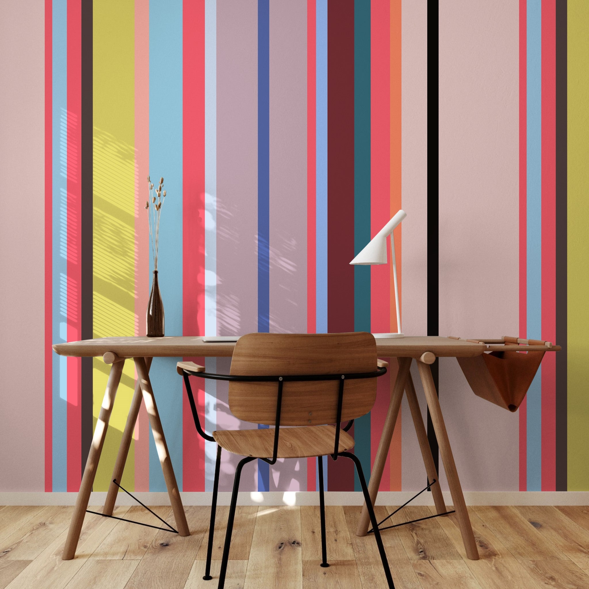 "Colorful So Fetch Wallpaper by Wall Blush in modern home office, accentuating vibrant, striped design focus."