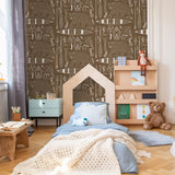 "Wall Blush's Trail Blazer (Brown) Wallpaper featured in a cozy, well-decorated child's bedroom focusing on wall decor."