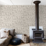 "Cozy living room with Woodland (Tan) Wallpaper by Wall Blush with stylish wood stove."