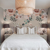 Wall Blush's Terracotta Blooms Wallpaper in a stylish bedroom with an elegant bed and chic lighting.