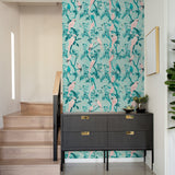"Kawaii Wallpaper by Wall Blush with tropical birds design in a stylish home entryway, emphasizing wallpaper detail and decor."