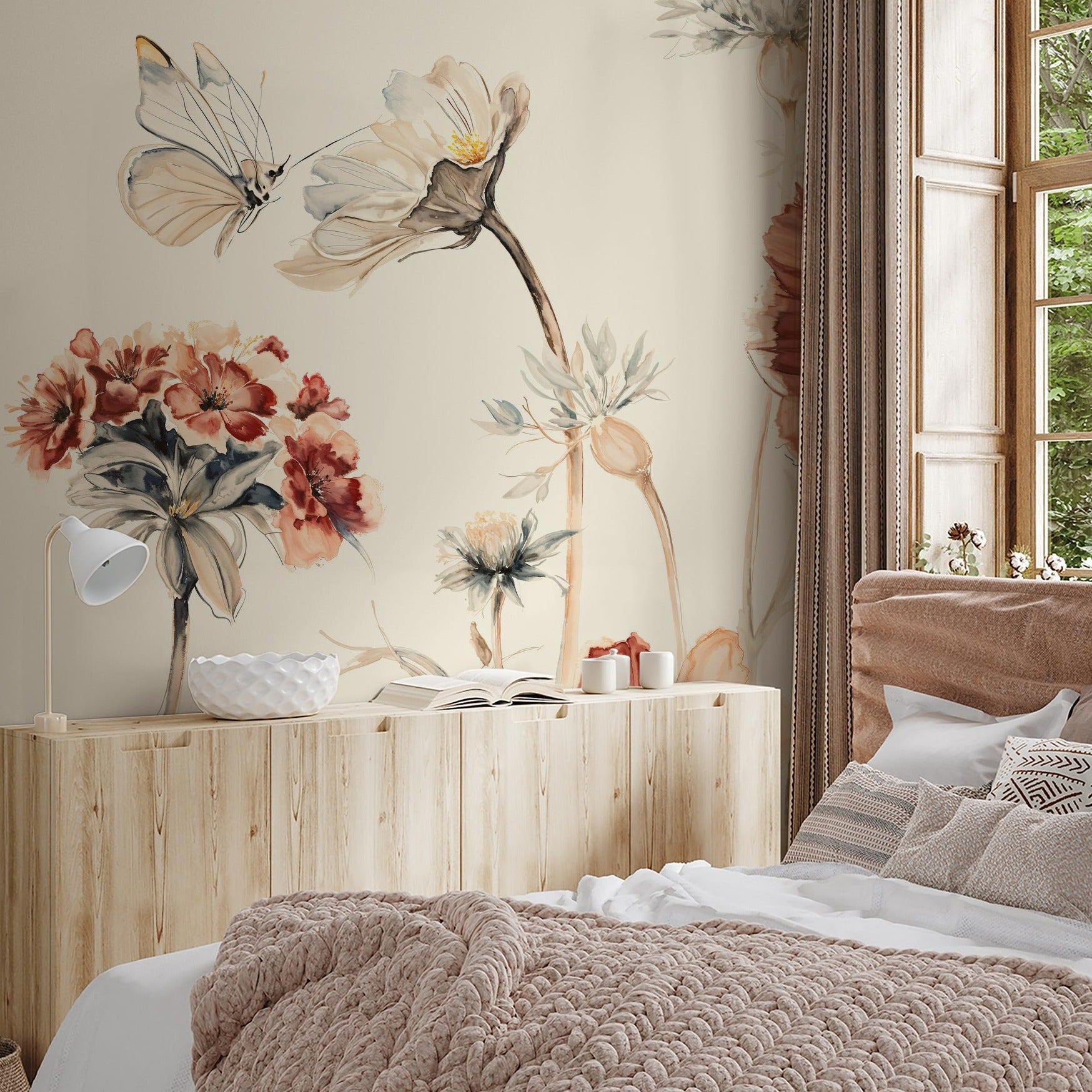 "Wall Blush's Wildflower Dreams Wallpaper (Cream) in cozy, modern bedroom setting, showcasing floral design."