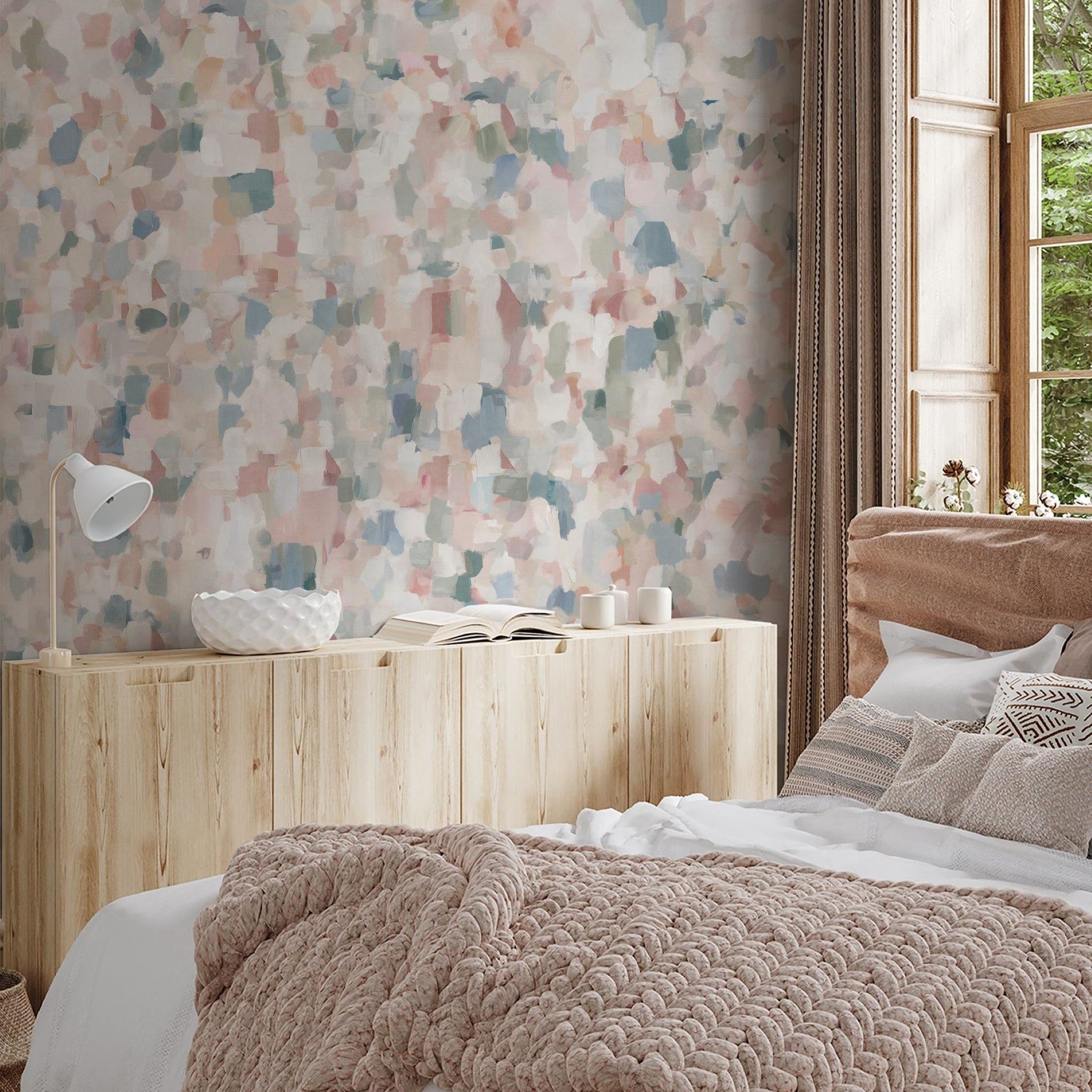 Alt: "Wall Blush's Serenity Wallpaper enhancing a cozy bedroom decor with its elegant abstract pattern."