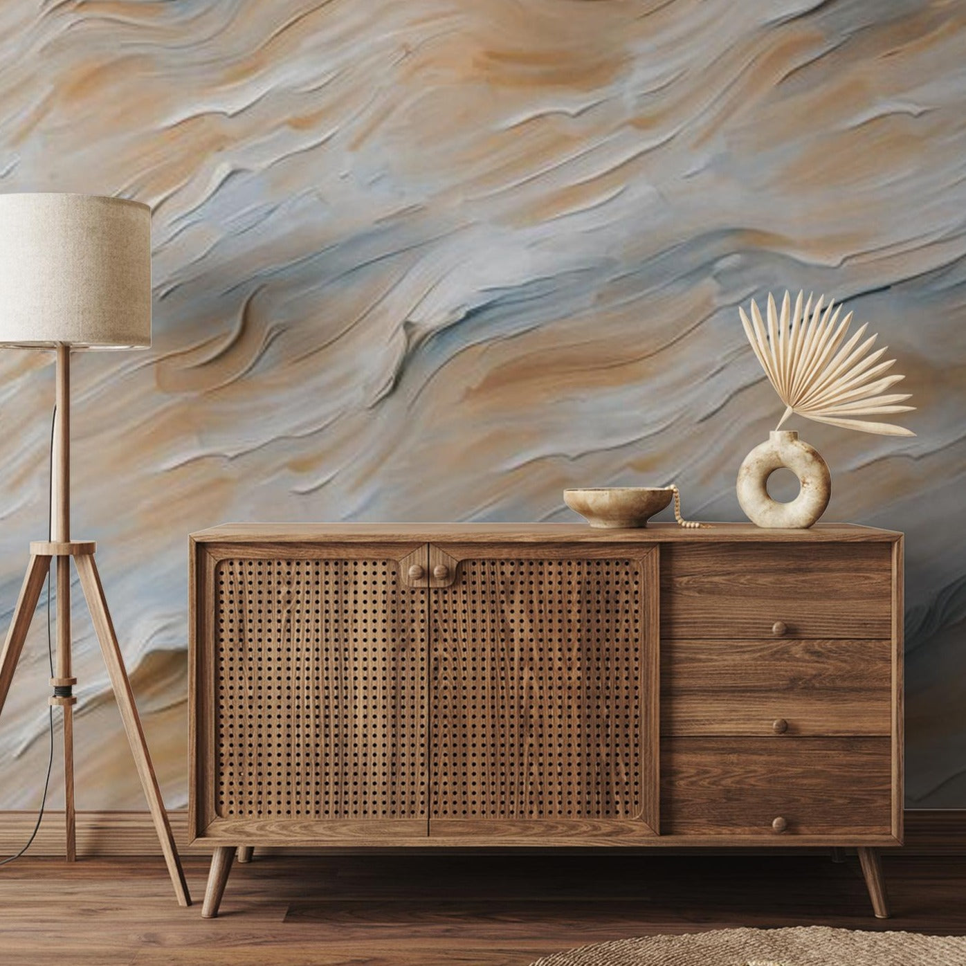 "Wall Blush's Coastal Drift Wallpaper in a stylish living room with modern wooden furniture."