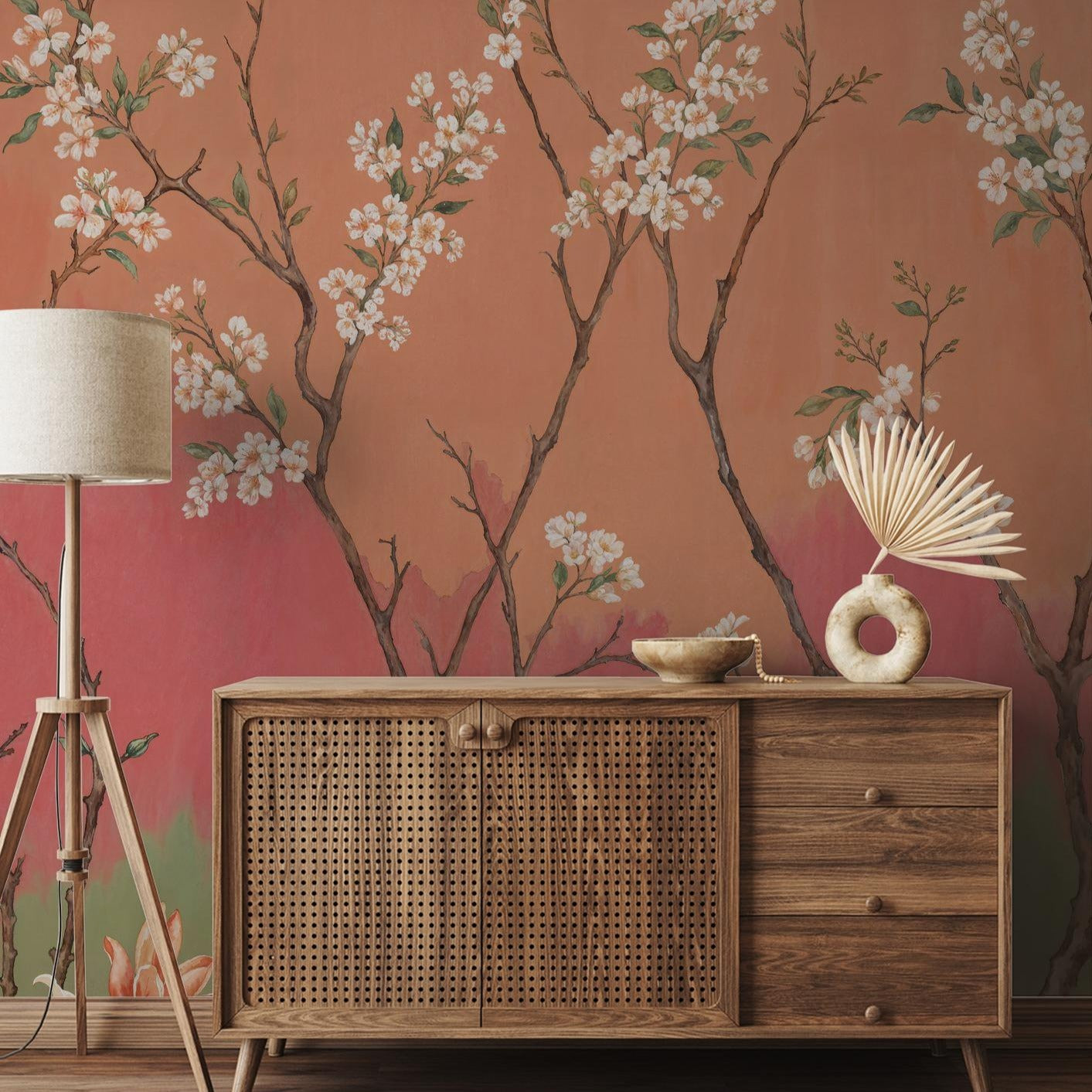 "Wall Blush Ombre Bloom Wallpaper showcasing floral patterns in a stylish living room setting."
