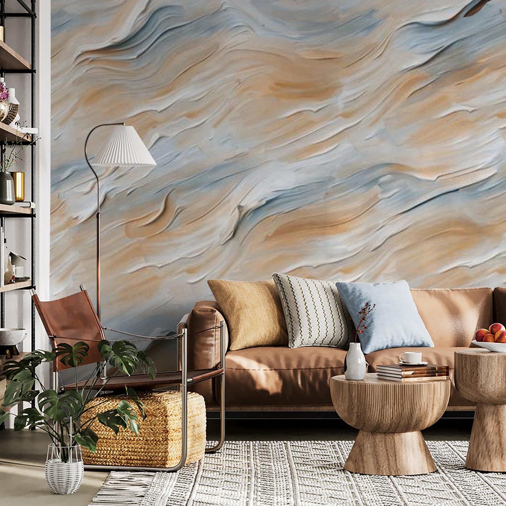 "Modern living room adorned with Coastal Drift Wallpaper by Wall Blush, showcasing elegant, swirling patterns."