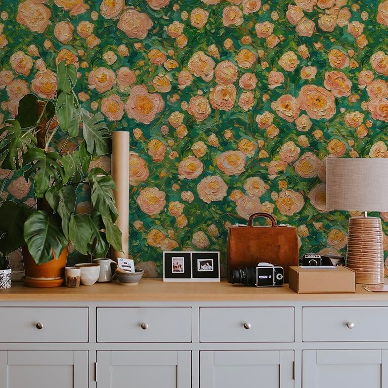 "Spring Serenade Wallpaper by Wall Blush featured in stylish home office with decorative accents."