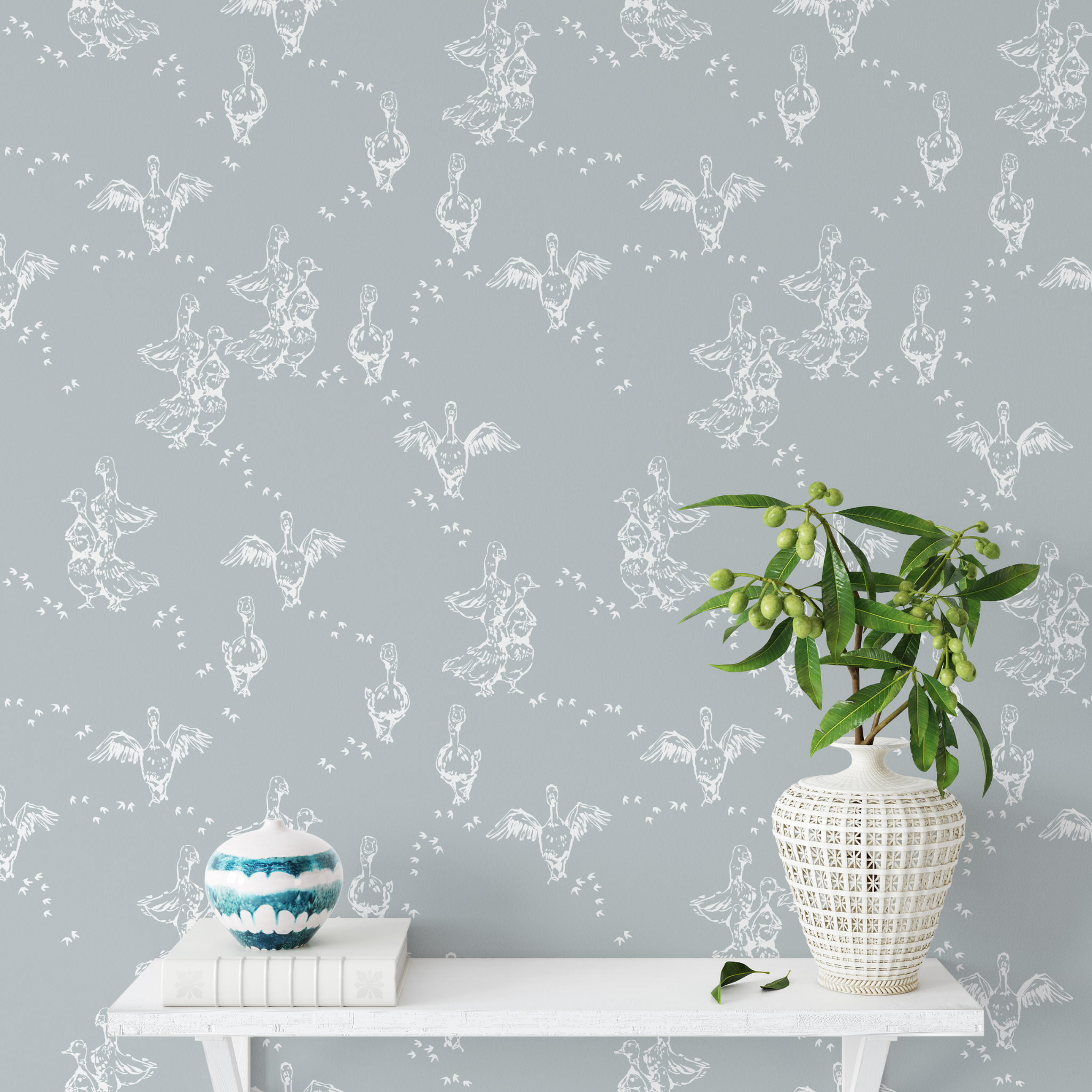 "Wall Blush's Abigail (Blue) Wallpaper in a stylish living room setting, highlighting elegant wall decor."