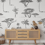 "Wall Blush Acacia Wallpaper in a stylish living room highlighting the elegant tree design."