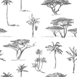"Wall Blush Acacia Wallpaper with tropical tree patterns in a modern living room setting, enhancing wall decor focus."