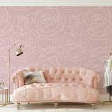 "Wall Blush's Adelyn Wallpaper in a chic living room, highlighting the elegant rose pattern focus."