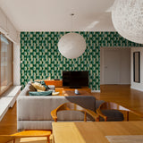 "Adore You Wallpaper by Wall Blush accentuates modern living room decor with vibrant pattern."