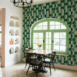 "Chic dining room featuring Wall Blush's Adore You Wallpaper with green geometric patterns highlighting the walls."
