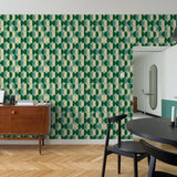 "Wall Blush's Adore You Wallpaper featured in a modern dining room, highlighting geometric green patterned wall focus."