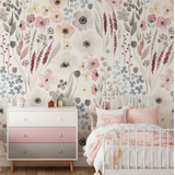 "Wall Blush Alice Wallpaper featuring floral pattern in a cozy children's bedroom highlighting stylish decor."