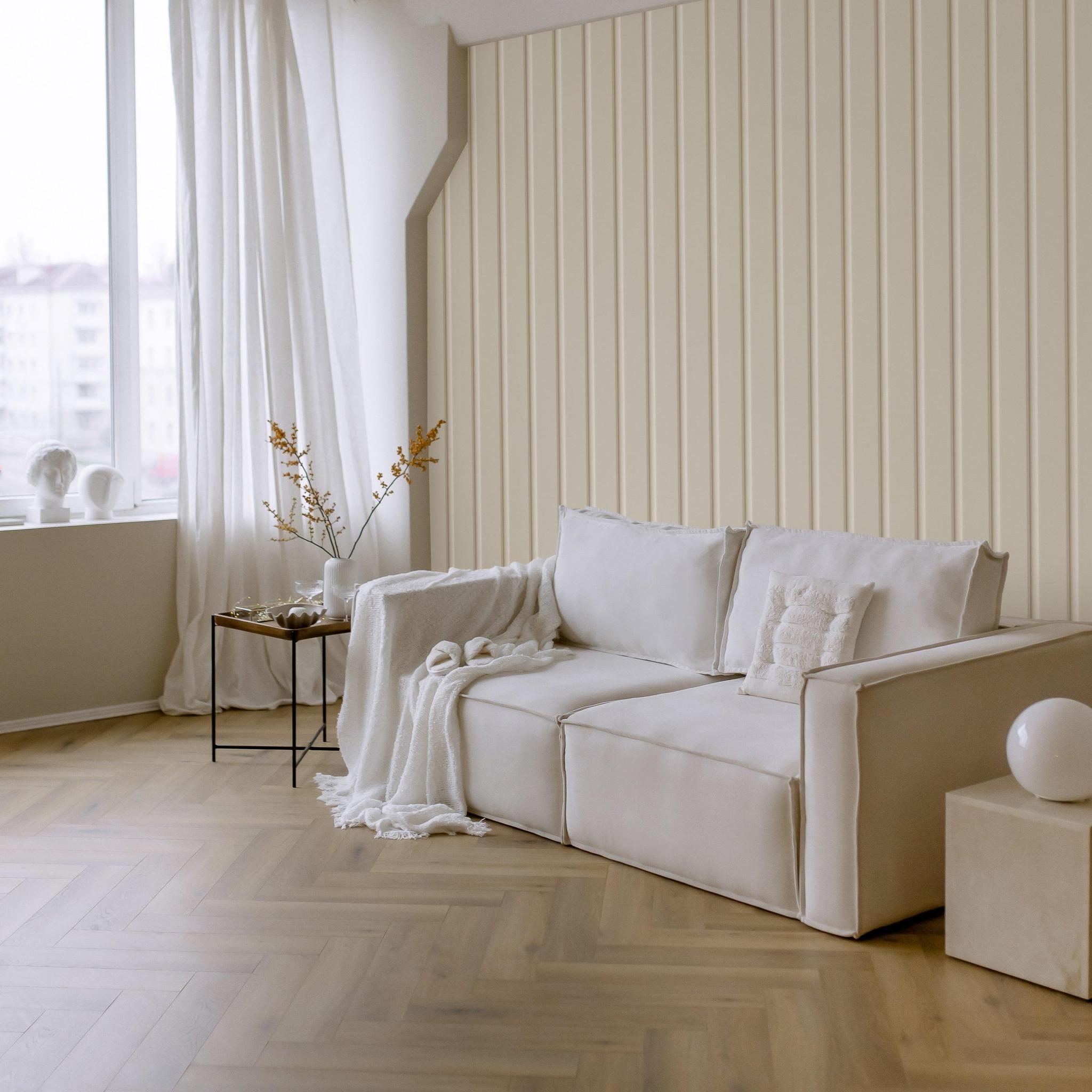 Minimalist living room showcasing the elegant Allison Wallpaper by Wall Blush SG02 with neutral tones.
