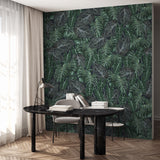 "Aloha Wallpaper by Wall Blush in a modern office room with tropical leaf design accentuating the work space."