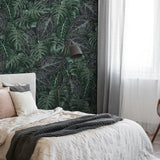 Aloha Wallpaper from The Nida Jahain Line in a modern bedroom showcasing tropical design focus.

