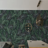 Aloha Wallpaper by The Nida Jahain Line in a stylish home office with tropical leaf design.
