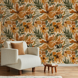 "Wall Blush's Amber Wallpaper in a cozy living room, highlighting the vibrant floral pattern as the main decor feature."