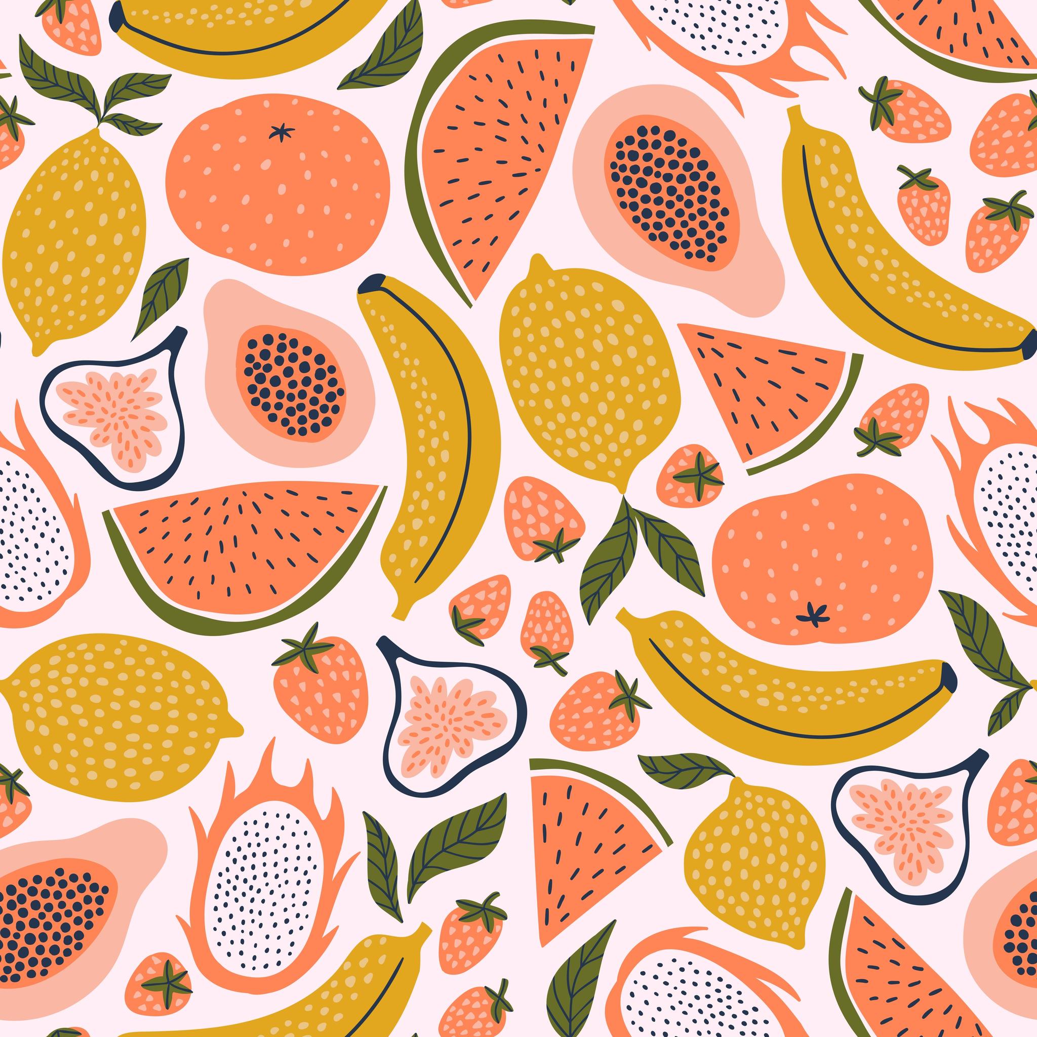 "Ambrosia Wallpaper by Wall Blush with colorful fruit pattern in a modern kitchen setting, highlighting wall decor."