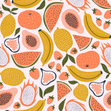 "Ambrosia Wallpaper by Wall Blush with colorful fruit pattern in a modern kitchen setting, highlighting wall decor."