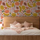 Ambrosia Wallpaper by Wall Blush SG02 featured in a modern bedroom, with vibrant fruit patterns as the focal point.
