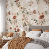 Cozy bedroom showcasing Wall Blush's Ana (Tan) Wallpaper with an elegant floral design as the focal point.