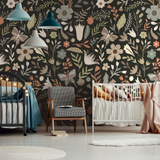"Athalia Wallpaper by Wall Blush in a cozy nursery room, showcasing elegant botanical patterns."