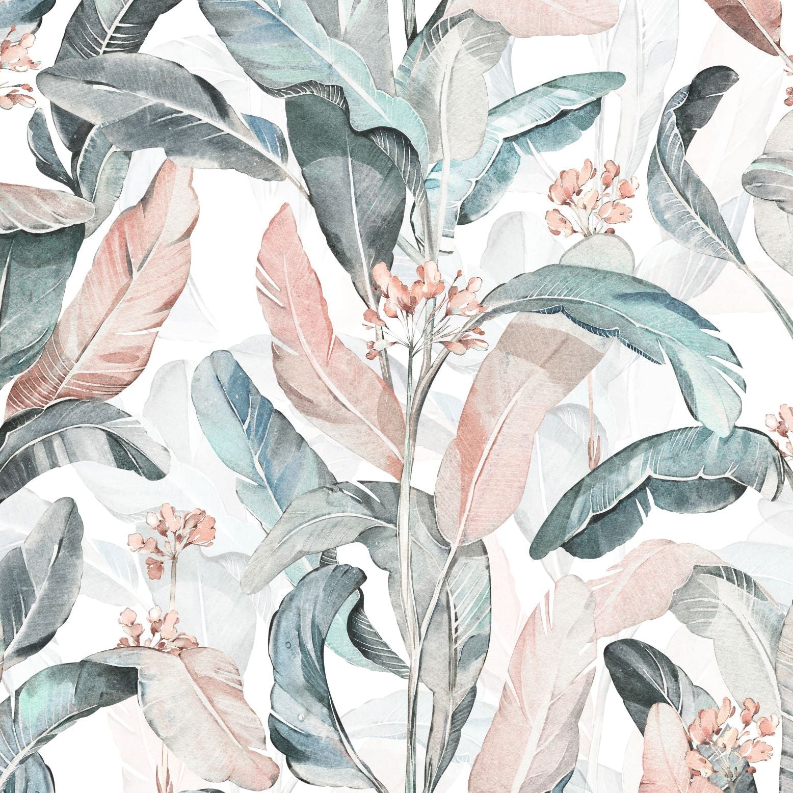 "Wall Blush At the Copa Wallpaper with elegant botanical design in a stylish living room setting."