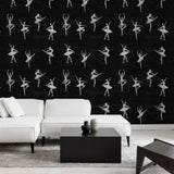 Wall Blush 'Attitude (Pattern Edition) Wallpaper' in a stylish living room, monochrome ballet design focus.
