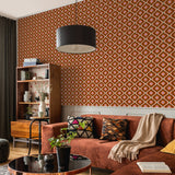 "Stylish living room featuring Wall Blush's Aura Wallpaper with geometric patterns, modern decor, and cozy seating."