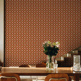 "Aura Wallpaper by Wall Blush adds vibrant style to a modern dining room, with focus on wallpaper design."