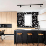 Modern kitchen showcasing La Jolla floral pattern wallpaper from Wall Blush AW01 collection.
