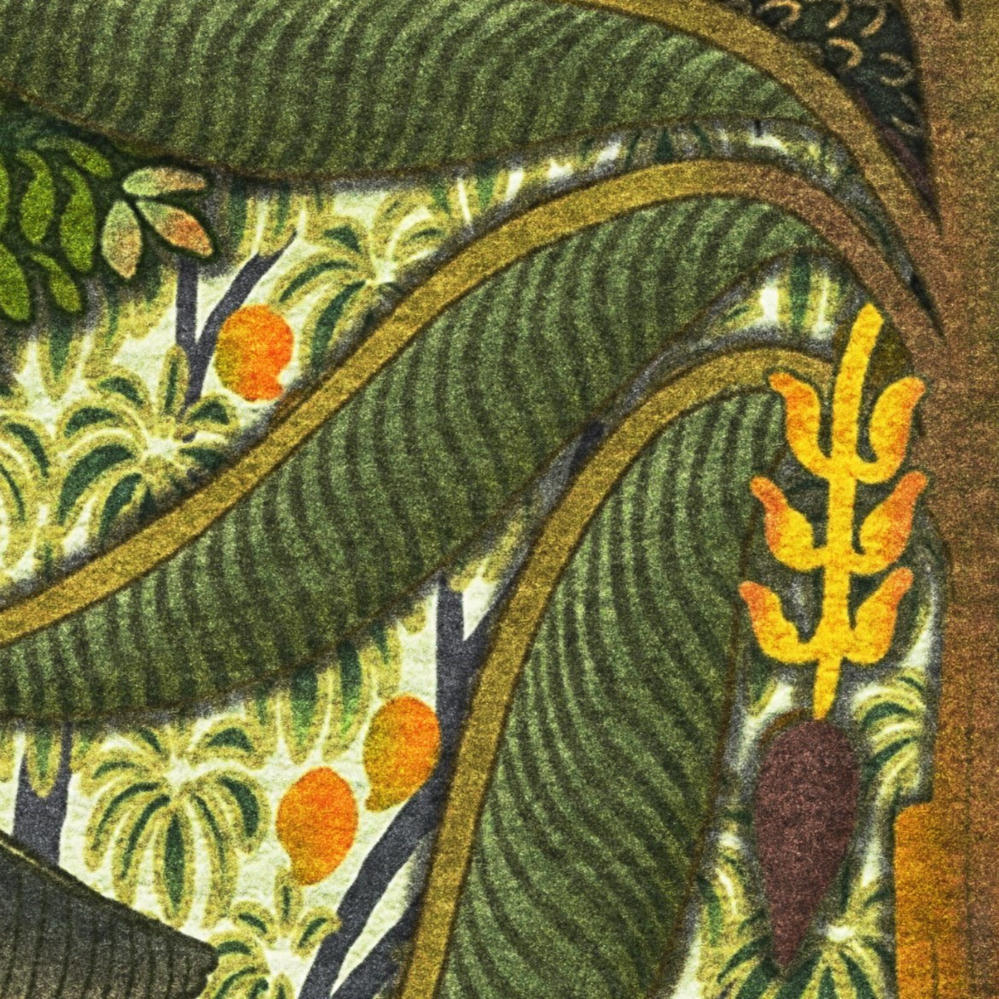 "Baloo Wallpaper by Wall Blush in a cozy living space, with lush tropical patterns as the focal point."