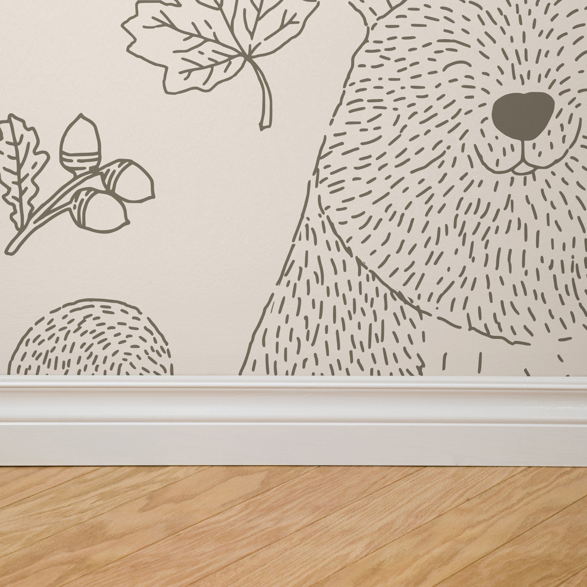 "Wall Blush Woodland (Tan) Wallpaper in a stylish home office, highlighting elegant decor and design."