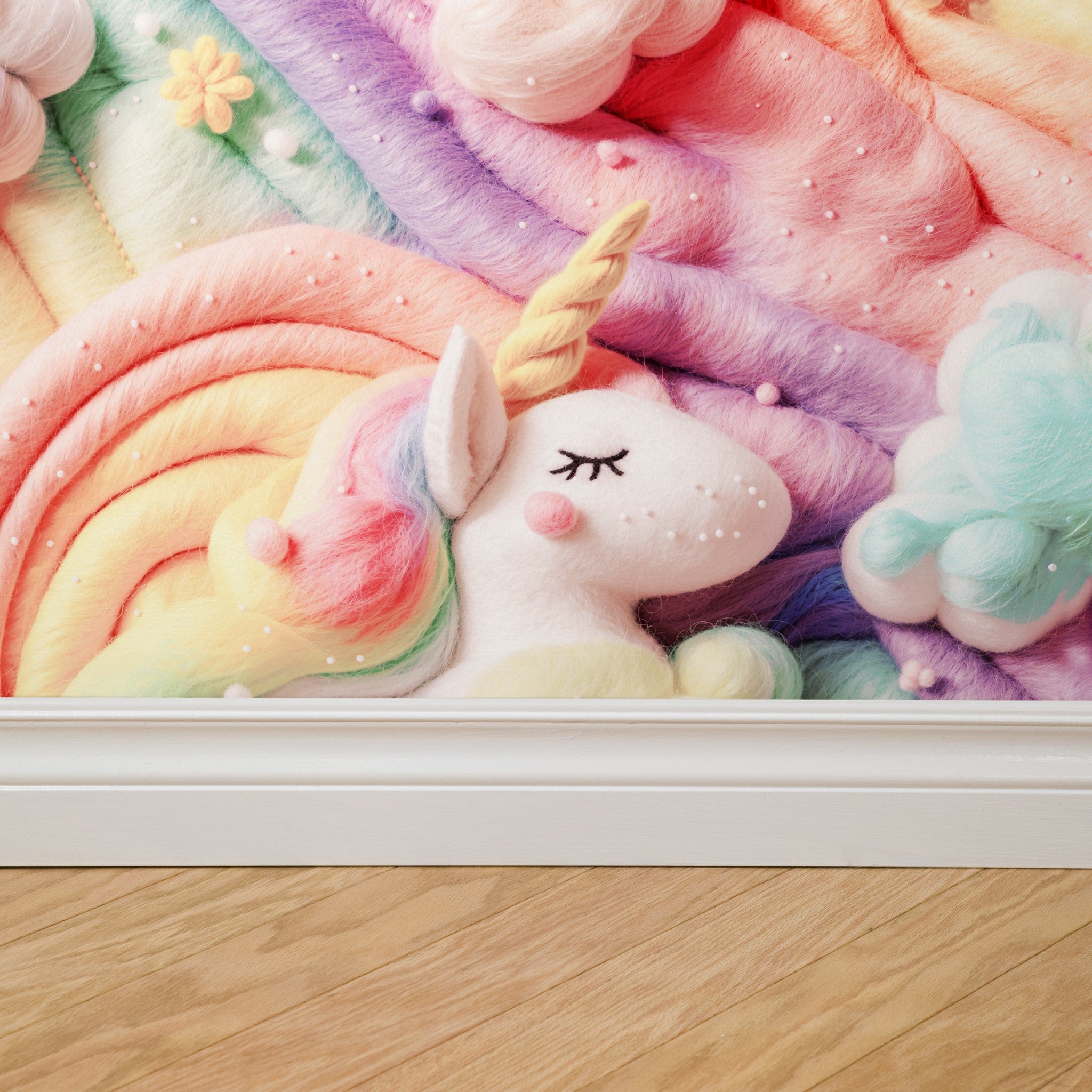 "Wall Blush Starlite (Pastel) Wallpaper in a children's room with colorful unicorn design, focus on detail and texture."