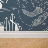 "Wall Blush Saltwater Surf (Blue) Wallpaper in a modern living room, showcasing stylish ocean-inspired design."