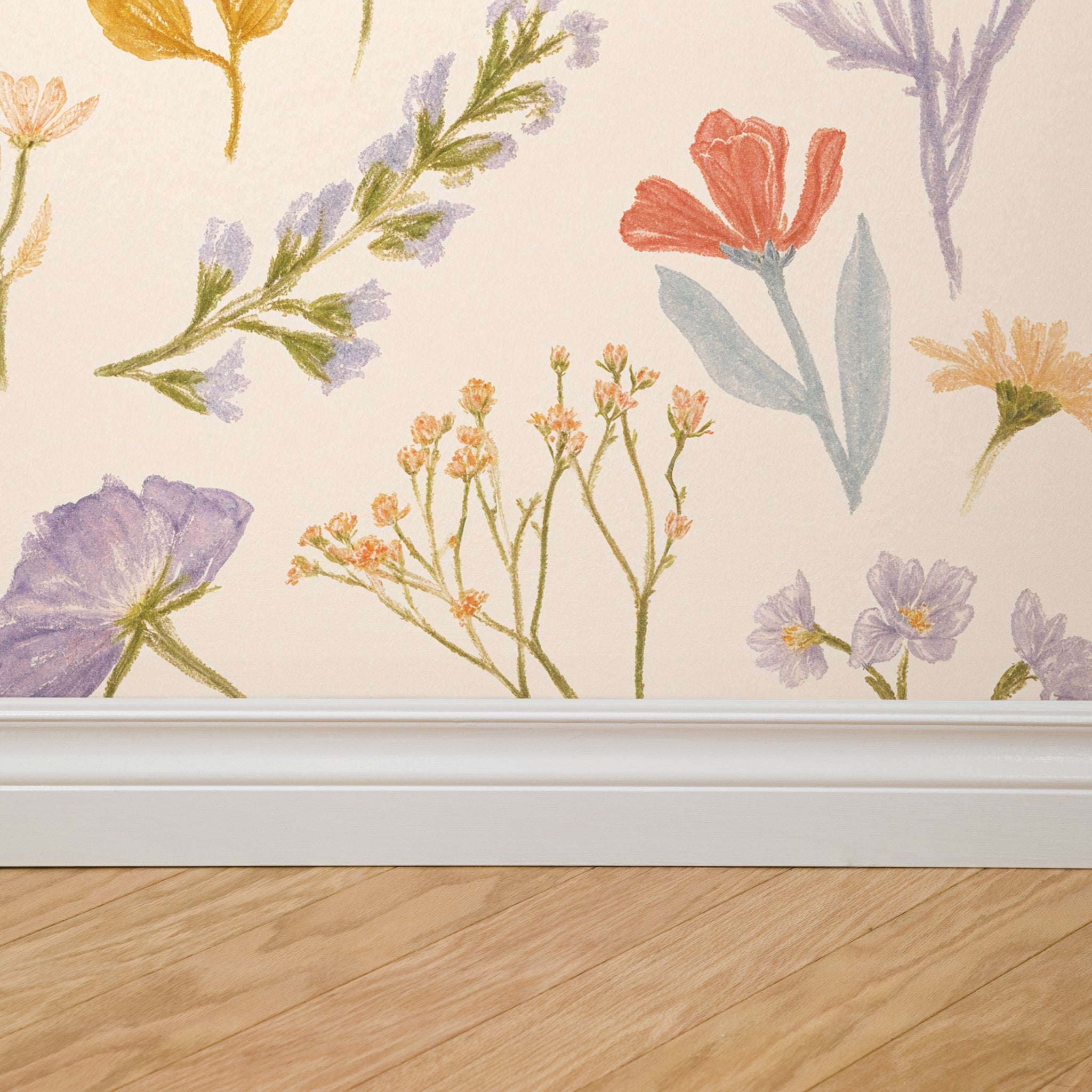 "Lily's Field Wallpaper by Wall Blush, floral design in a modern living room, focused on wall texture and colors."