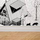 "Cabin Cove Wallpaper by Wall Blush in a stylish home setting, intricate monochrome scenic design focus."