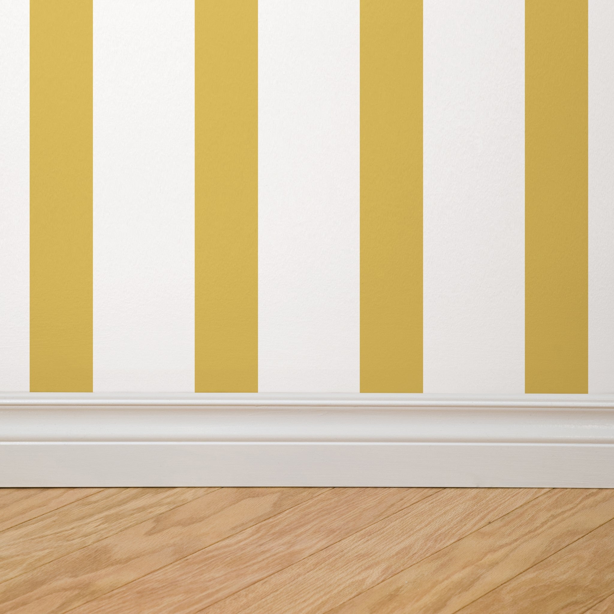 "Wall Blush's Alcott Wallpaper in a modern room with yellow and white stripes creating a chic focal point."