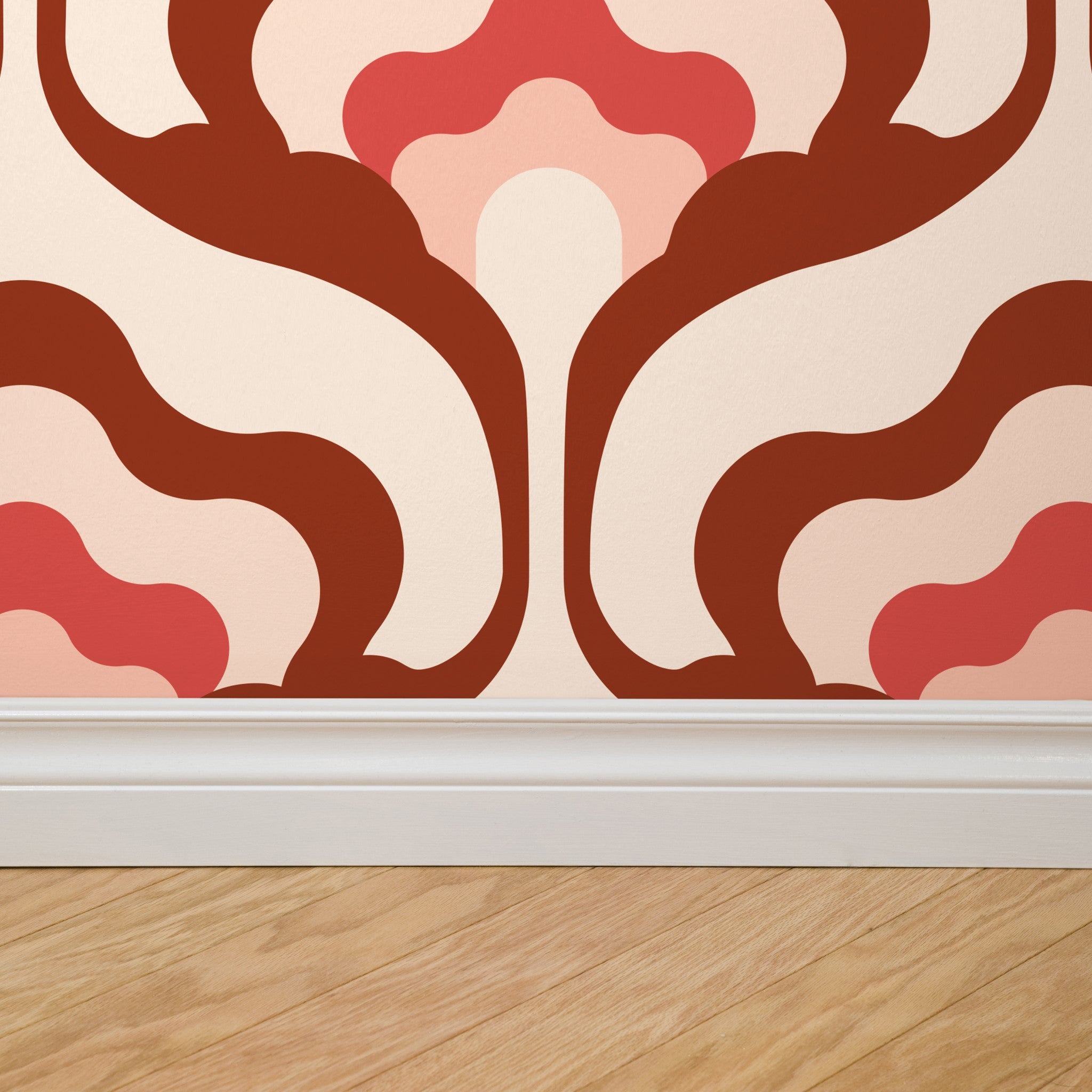 "Cordelia Wallpaper by Wall Blush adds a modern touch to a living room, showcasing an artistic bold pattern."