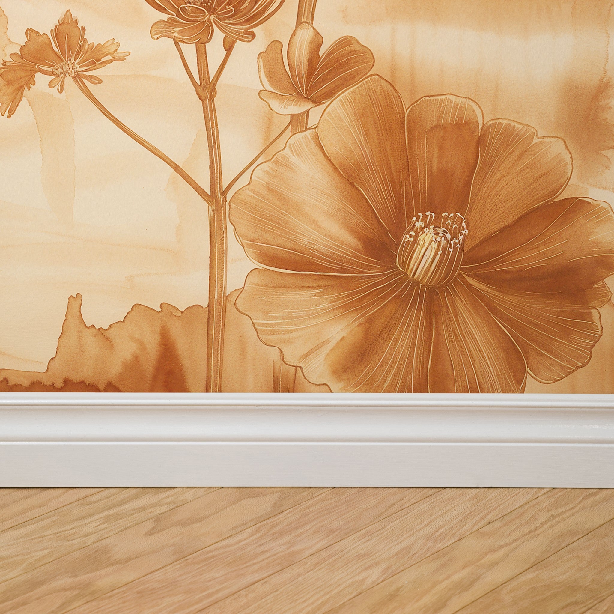 "Wall Blush's Lavina (Rust) Wallpaper featured in living room setting, showcasing elegant floral design as the focal point."