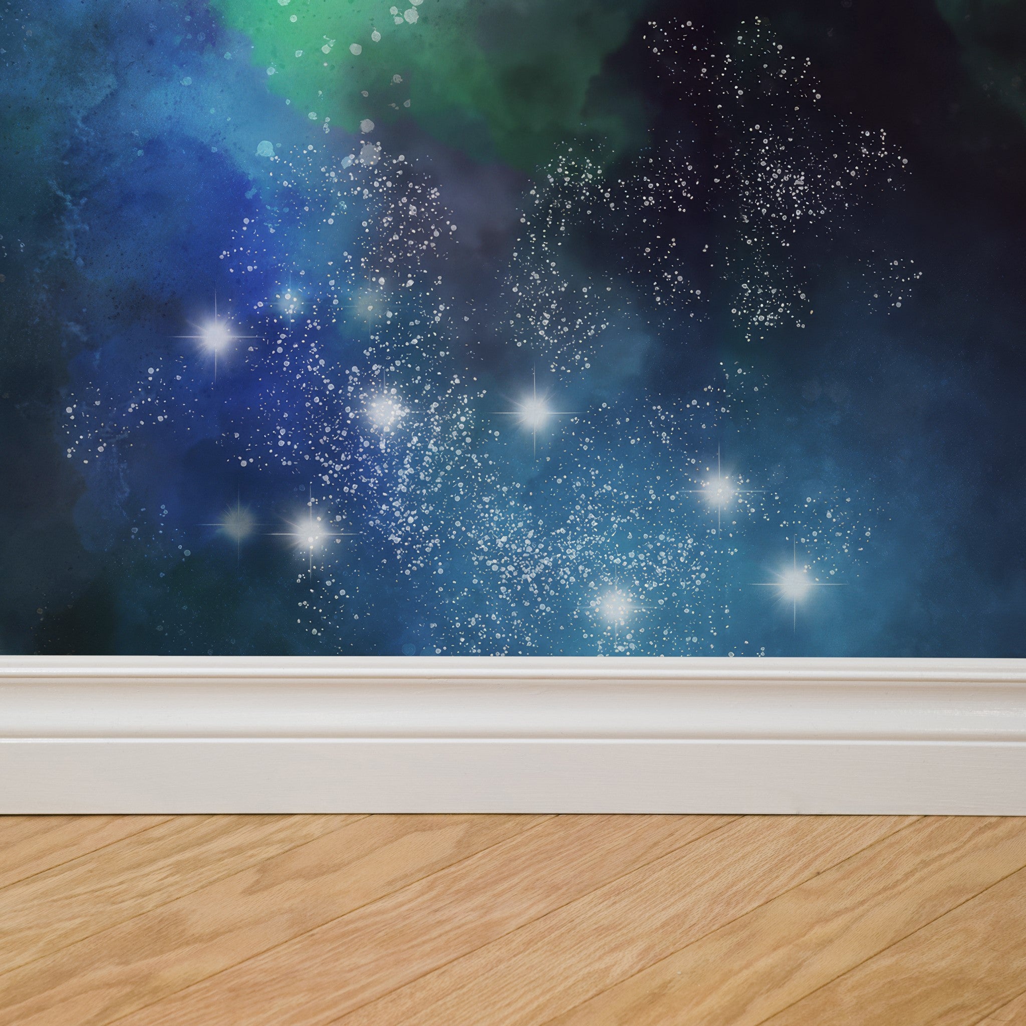 "Wall Blush's Infinity Wallpaper in a living space, showcasing starry celestial design as the focal point."