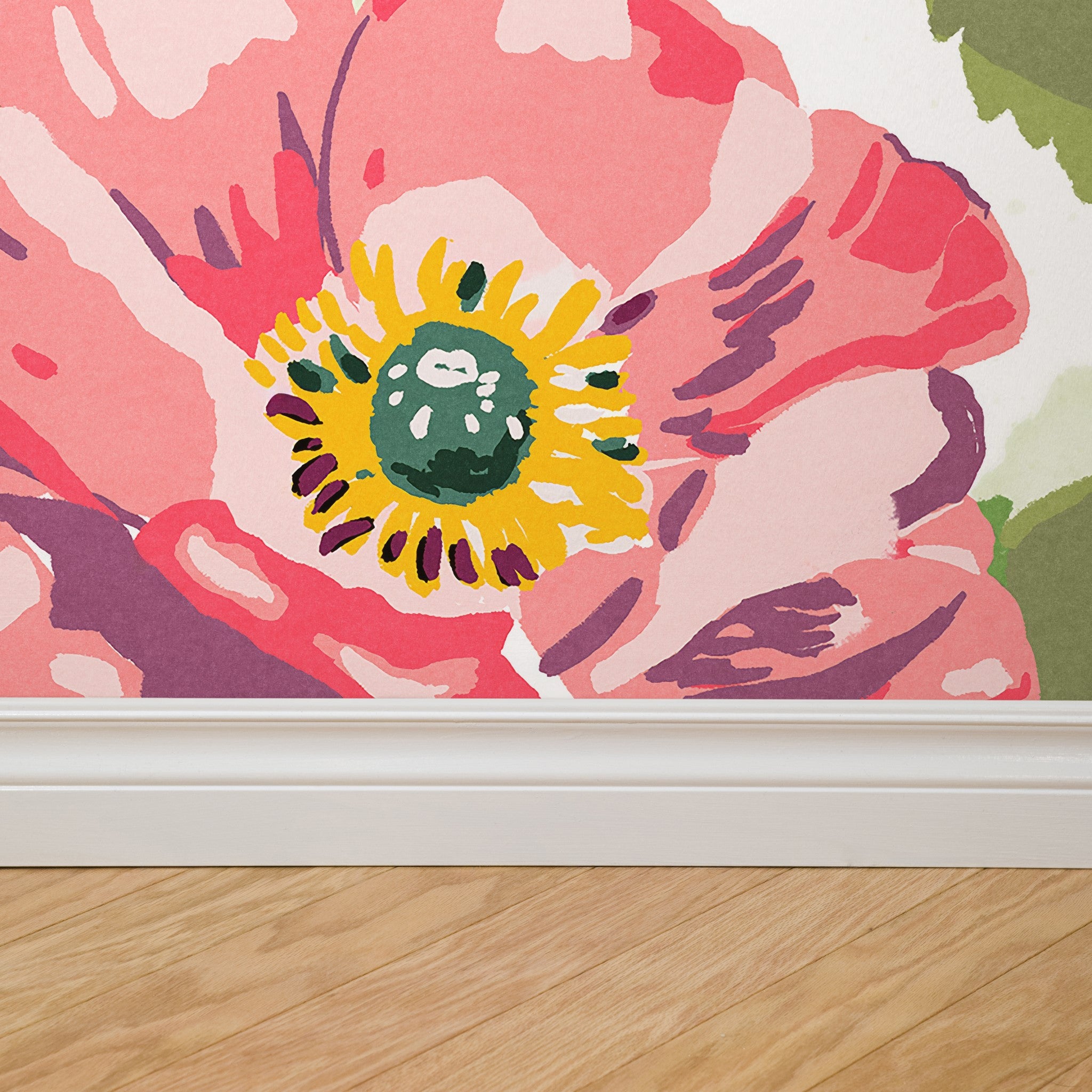 "Vivid Anemones Wallpaper by Wall Blush in a cozy room, showcasing floral design for stylish home decor."