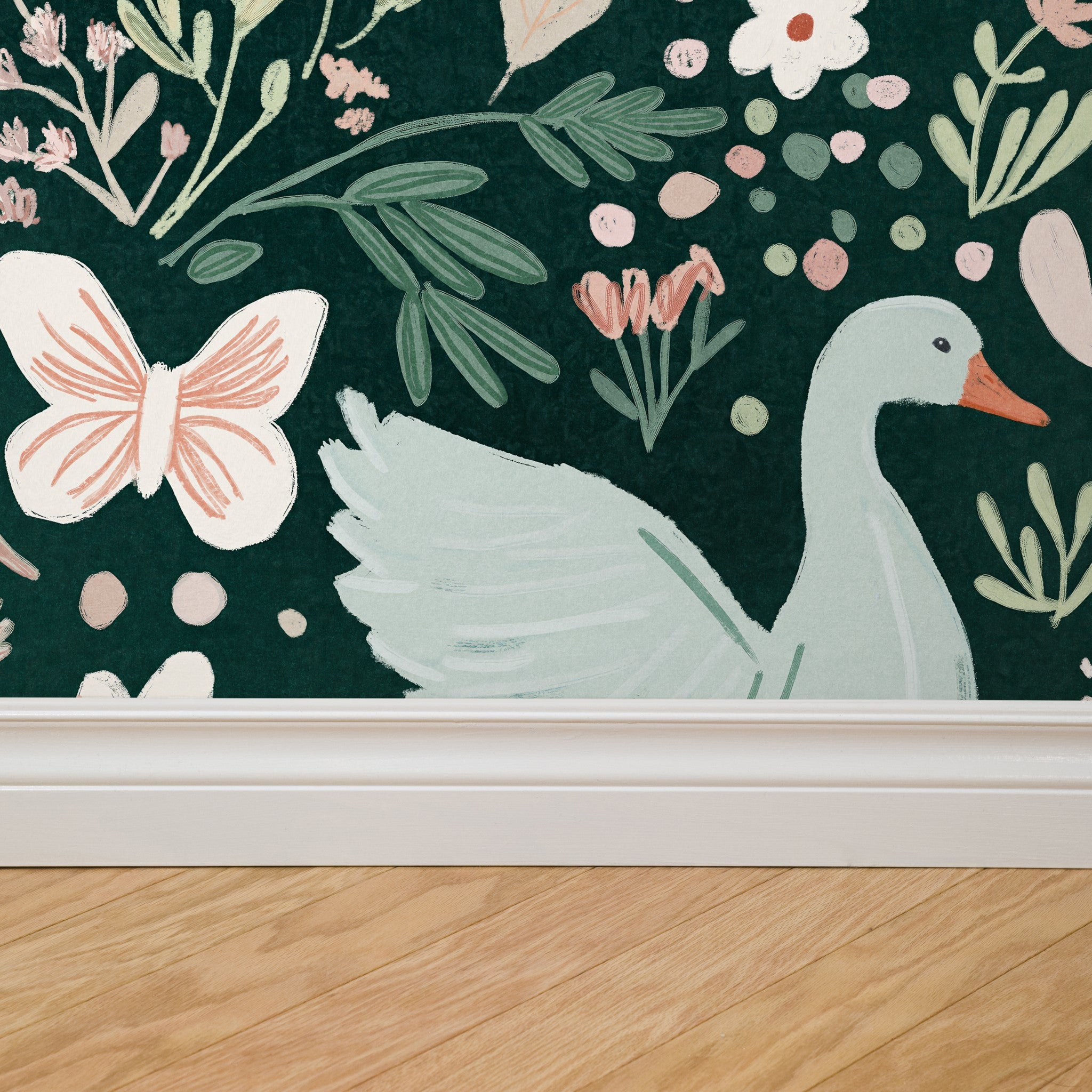 "Wall Blush Wildwood Friends Wallpaper in a cozy room, showcasing nature-inspired patterns with swan and butterfly."