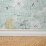 "Kinsbeth Wallpaper by Wall Blush featuring floral and bird design in a stylish living room setting."